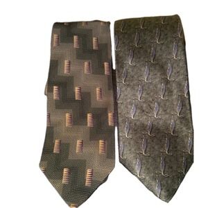 LOT OF 2 Bill Blass Black Label Mens Neck Tie Green Art Deco Silk